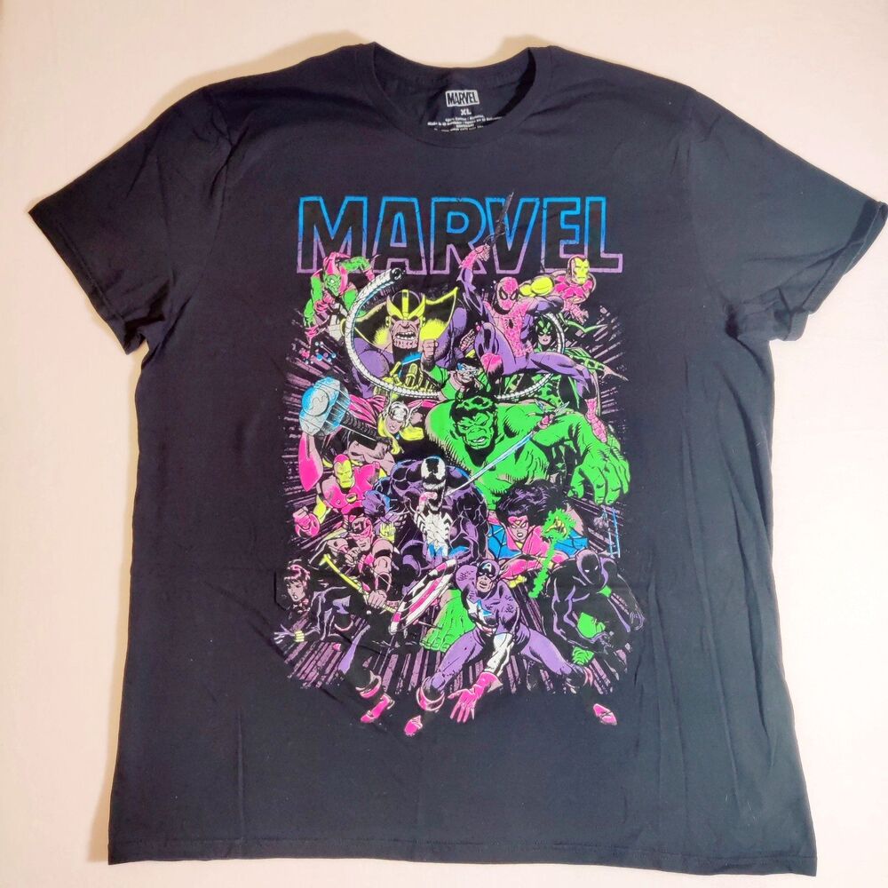 Mens Marvel Comic Characters Black T-Shirt Size XL (Rn 86947) Pre-owned